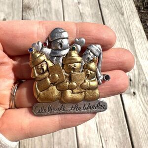 Vintage Gold Silver Snowmen Celebrate the Wonder Christmas Snowman Brooch Pin